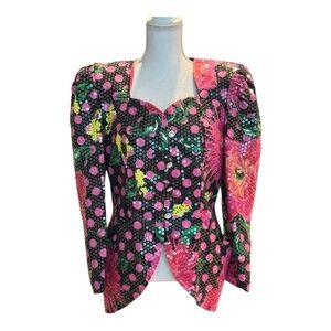 Glitzy and Glam Black and Pink Sequined Vintage Jacket Blazer with Shoulder Pads